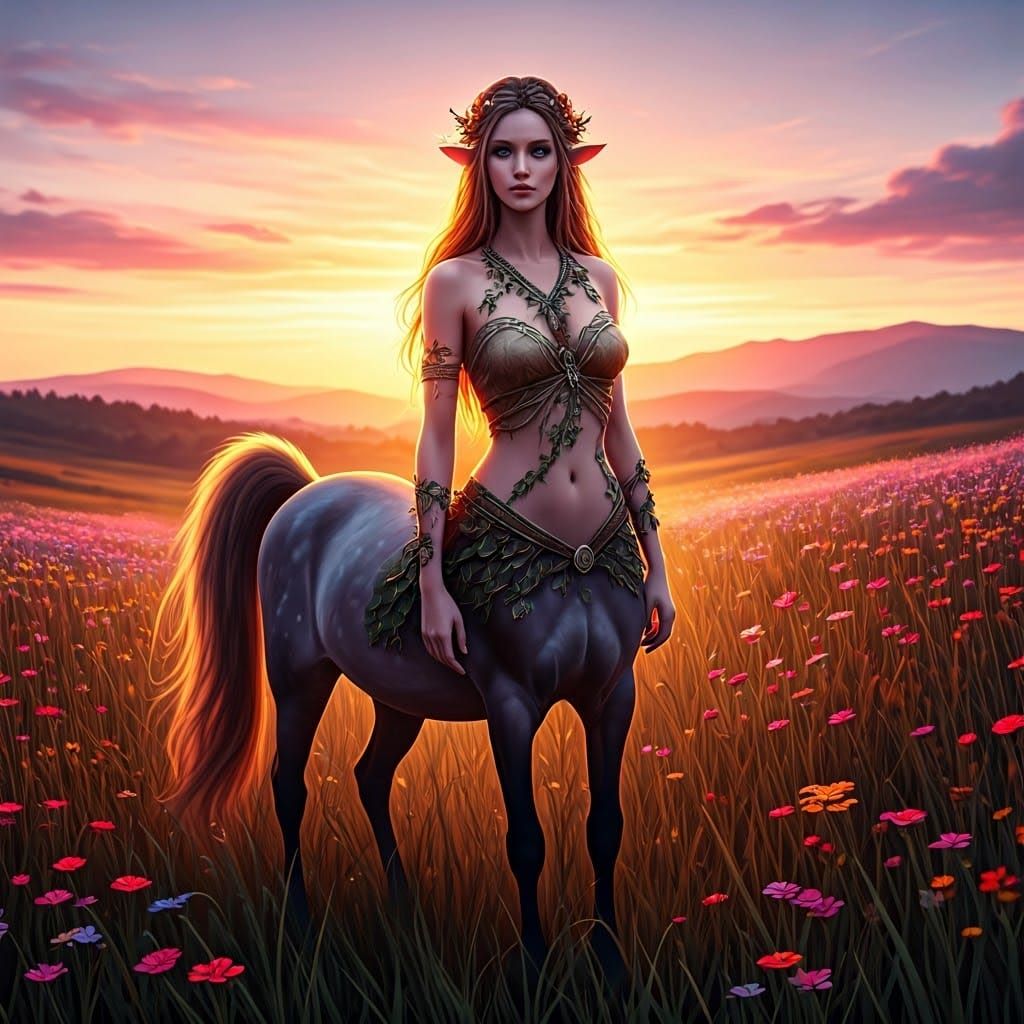 Centaur in Flower Meadow at Sunset