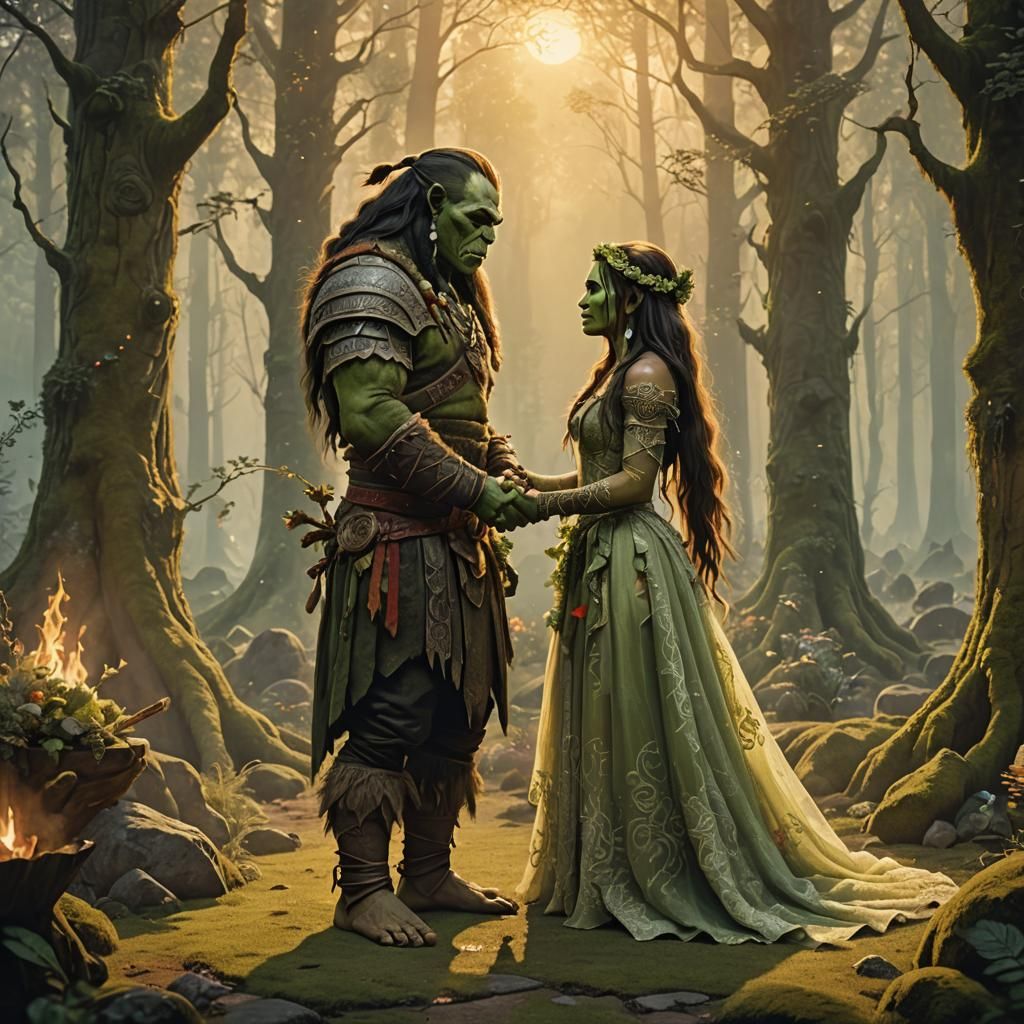 Orc Wedding Ceremony in Misty Forest: Fantasy Art