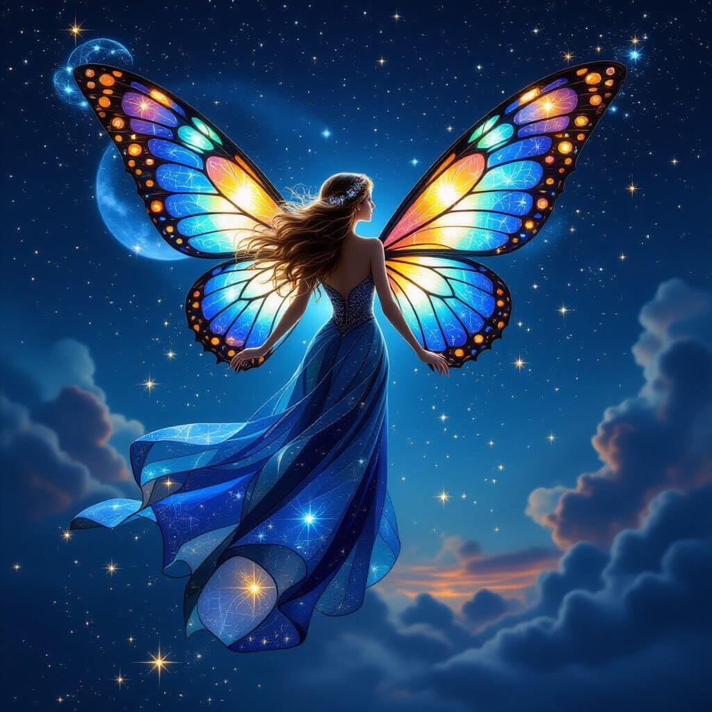 Stained Glass Fairy Soaring Through the Cosmos