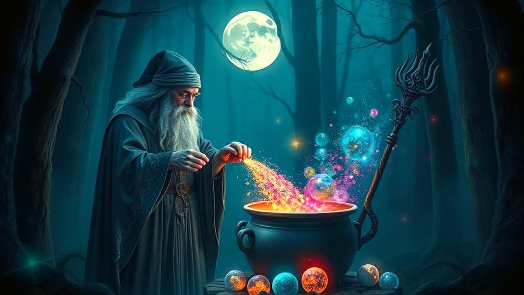 Enchanted Moonlit Sorcerers in a Vibrant Dark Fantasy World