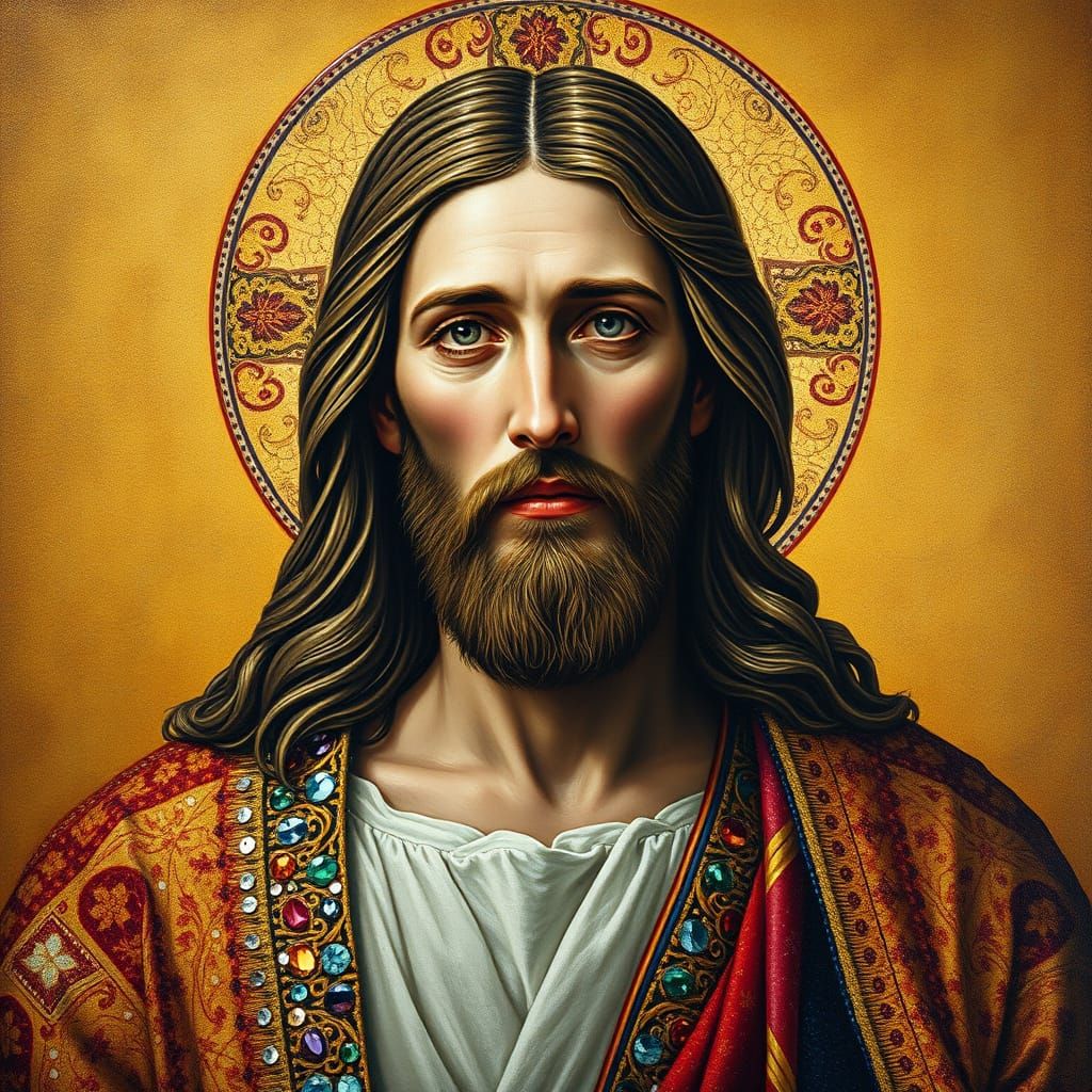 Sapphire Jesus in Byzantine Gold and Sequins