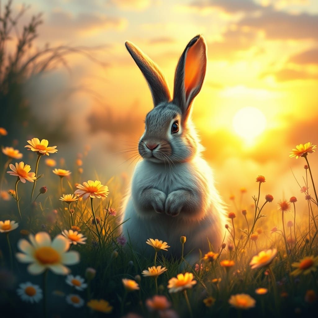 Serene Easter Bunny in a Dreamy, Vibrant Meadow Scene