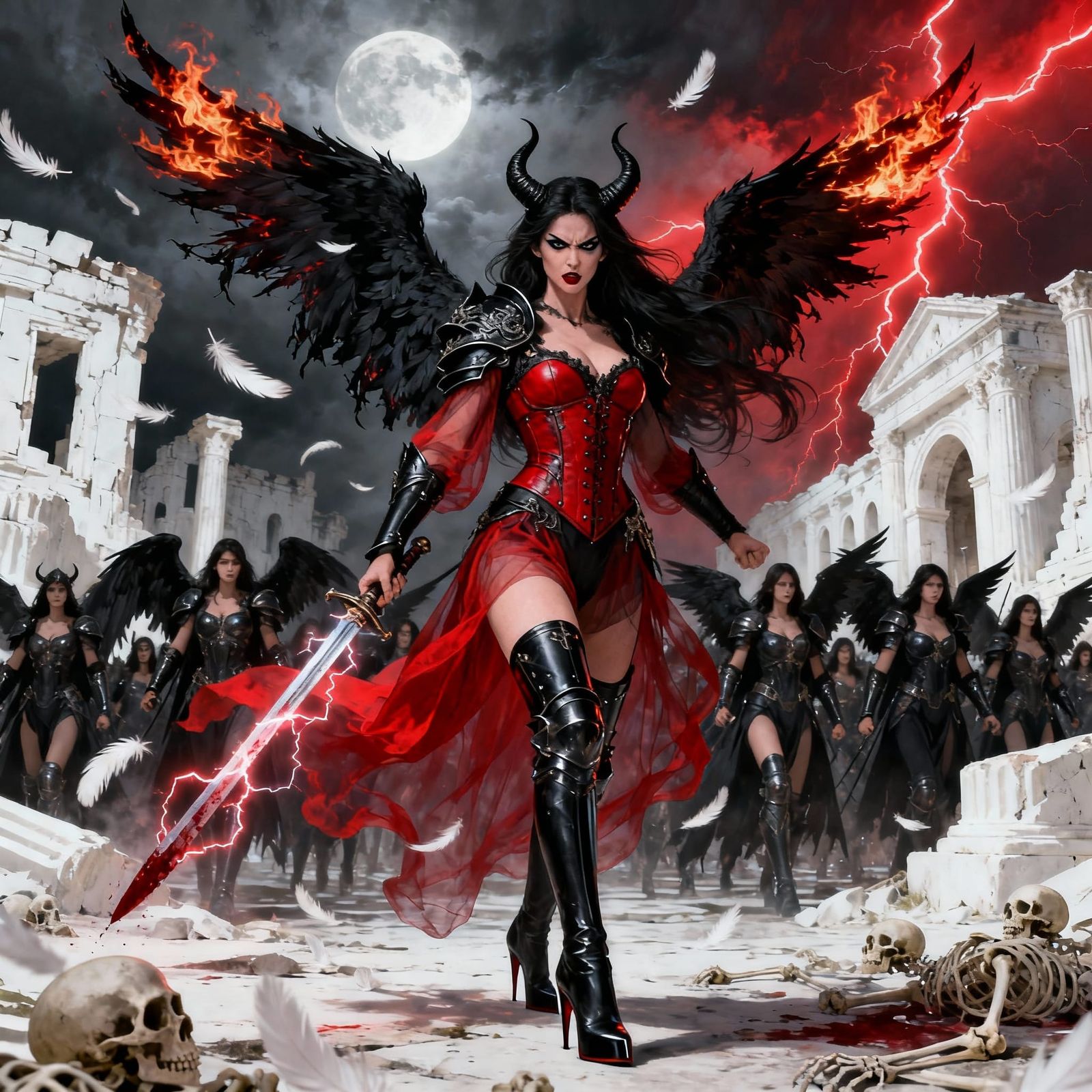Goddess of Fallen Angels Leading Army in Stormy City