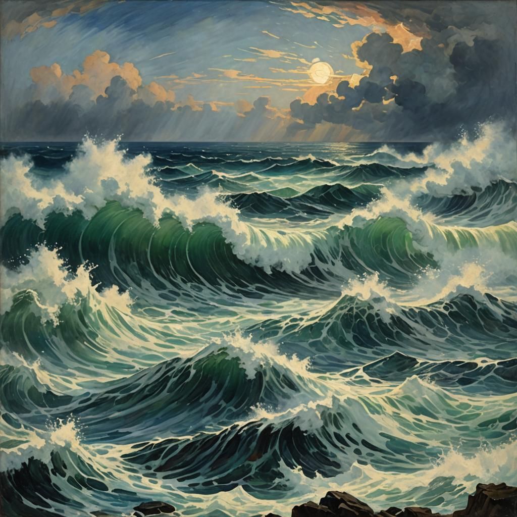 Dramatic Stormy Sea in Neo-Impressionist Style