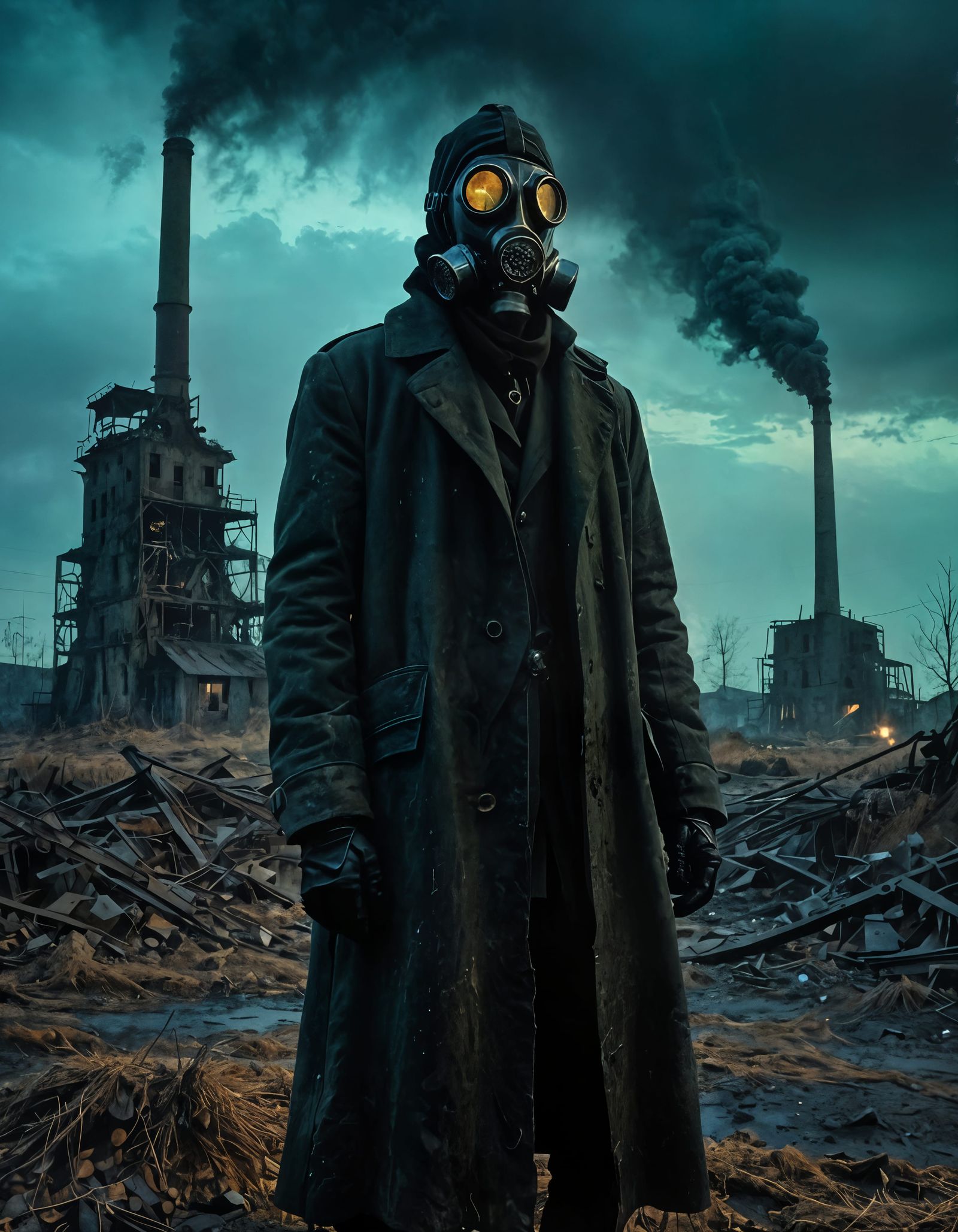 Dystopian Surrealism: Haunting Figure in Industrial Decay