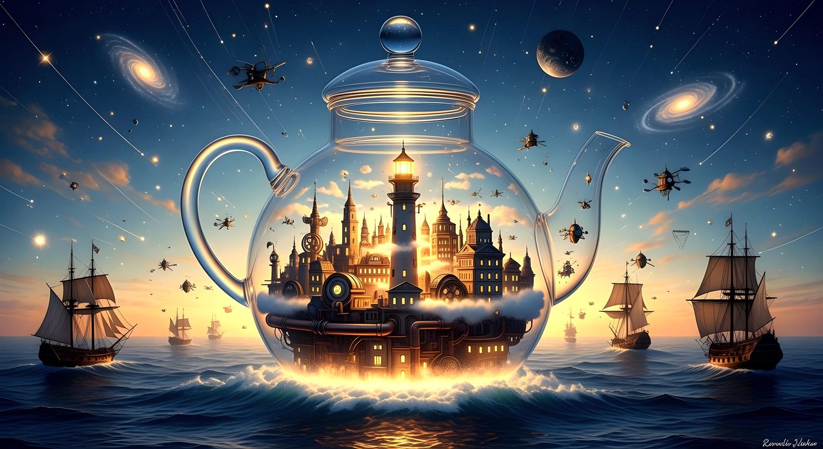 Fantastical Steampunk City Inside Glowing Glass Teapot
