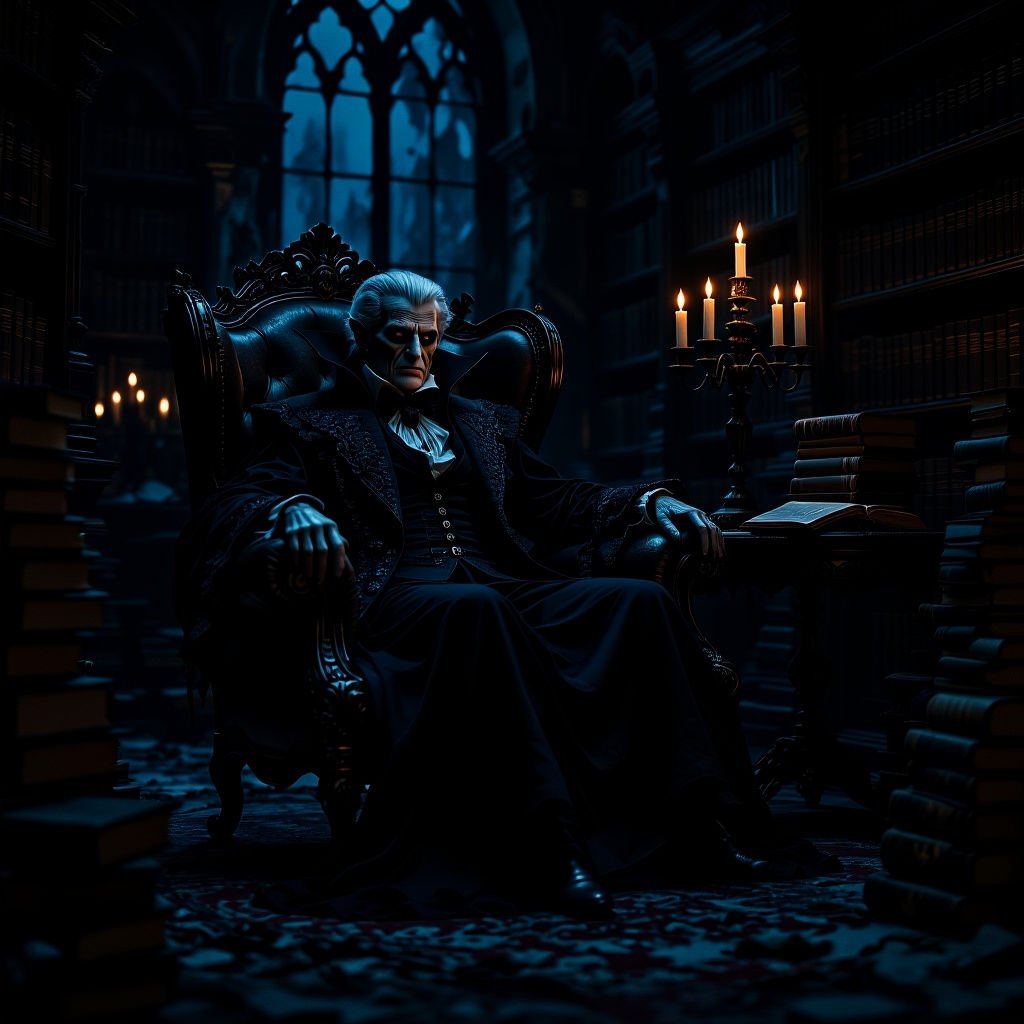 Vampire Elder in Gothic Library, Dark Fantasy Art