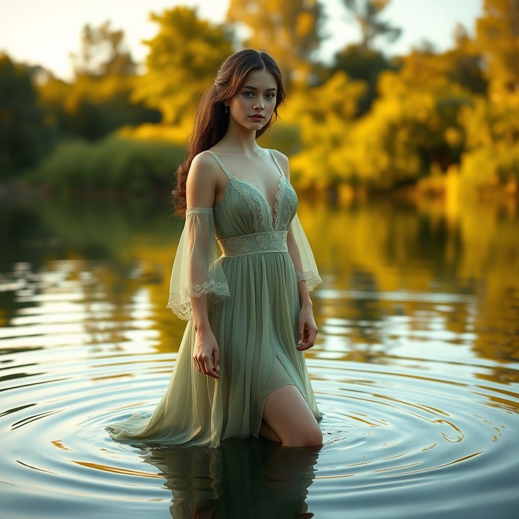 Ethereal Lake Goddess in Golden Hour
