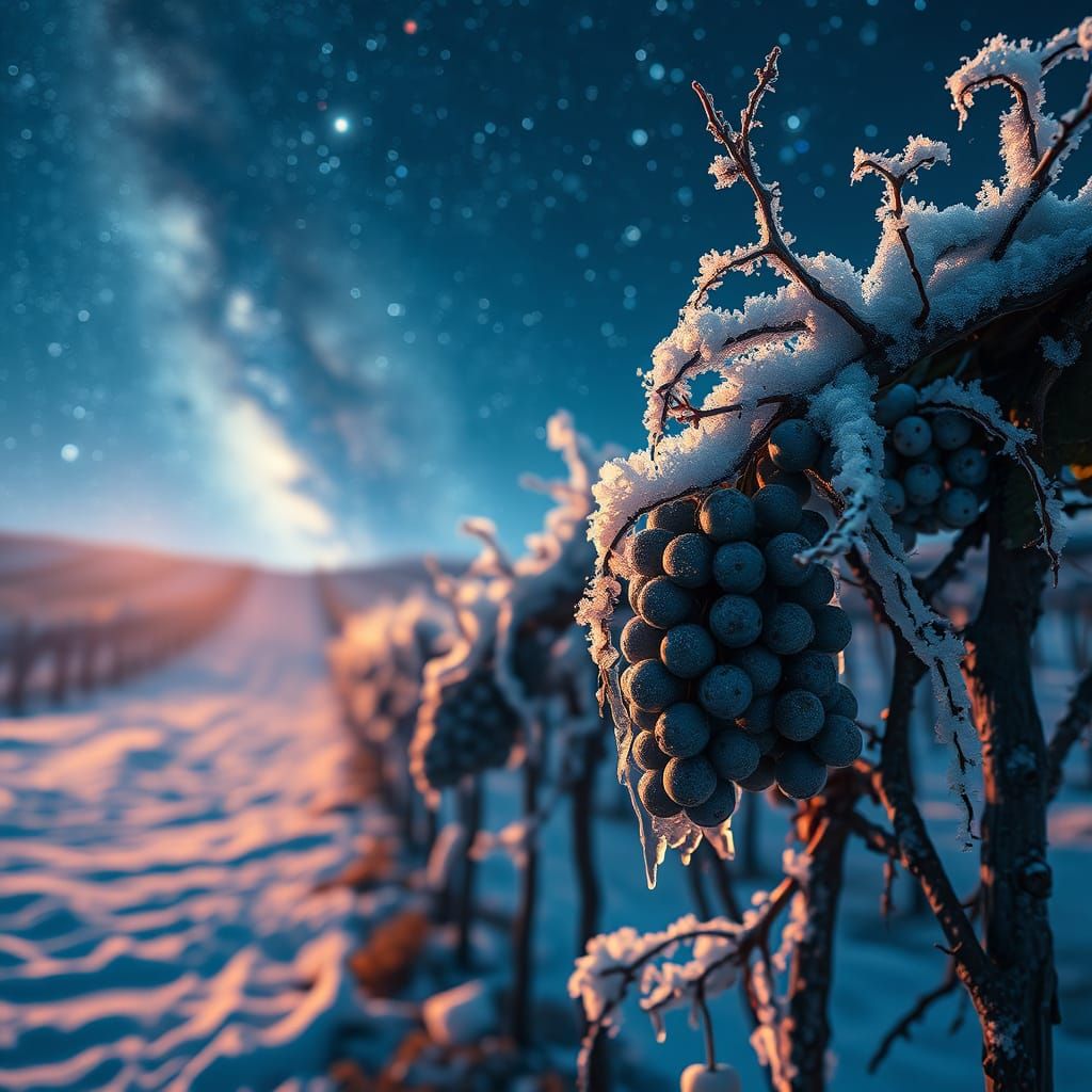 Ethereal Snowy Vineyard Scene Under Starry Sky