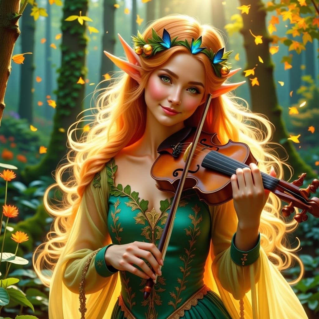 Ethereal Elven Bard in Whimsical Art Nouveau Style