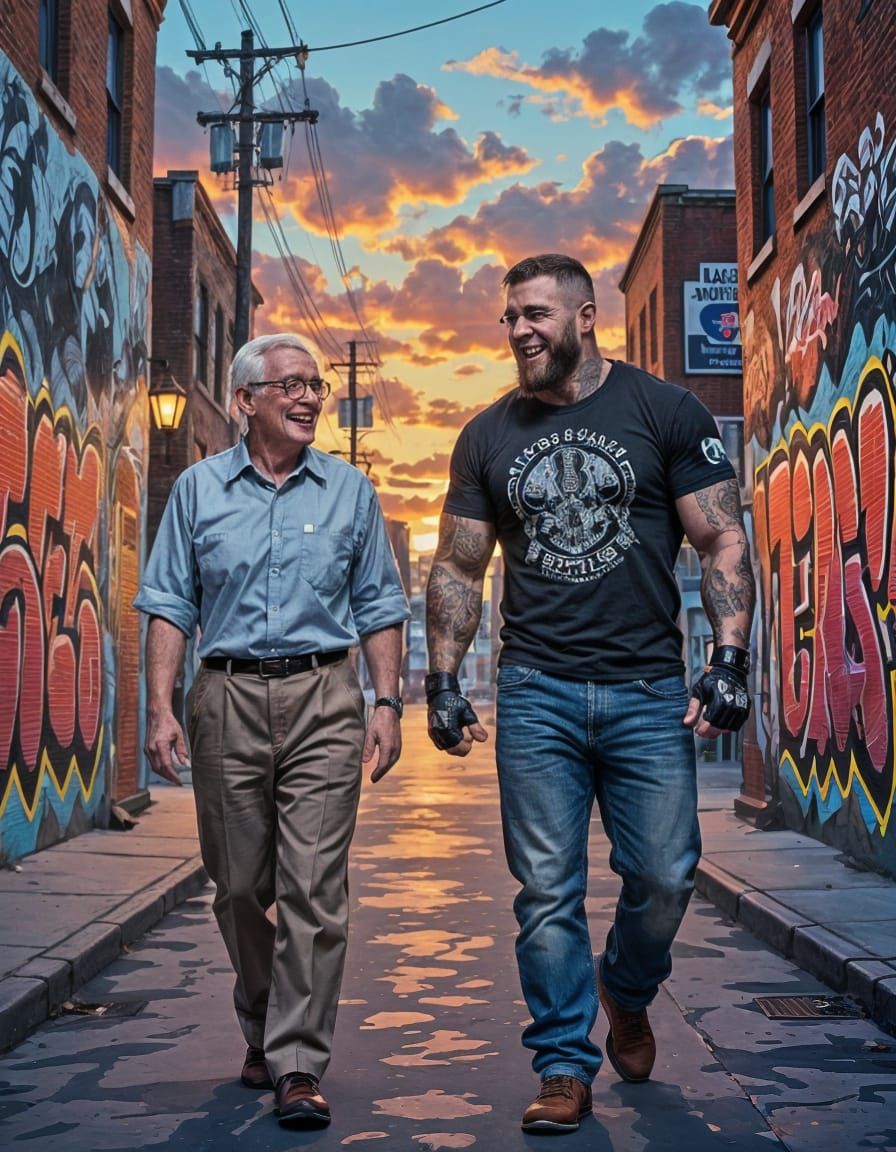 Librarian and Cage Fighter Share a Laugh in Street Art Distr...