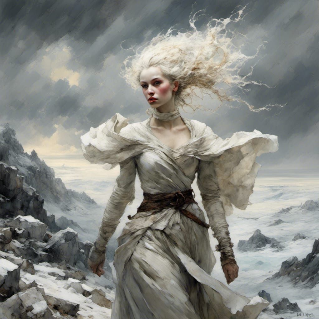 Albino Woman in Winter Storm: Hyperrealistic Art