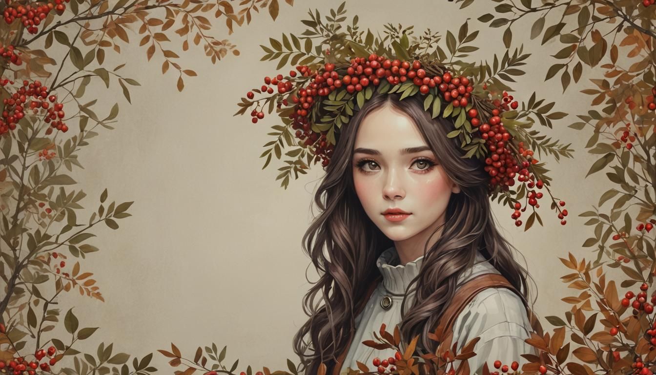 Autumn Girl with Rowan Wreath and Leaves