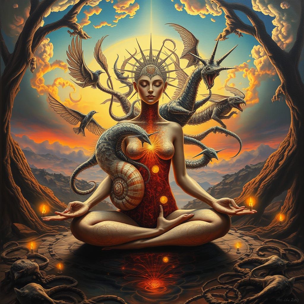 Ethereal Dreamscapes of a Snail Shell Goddess in Sunset Sple...