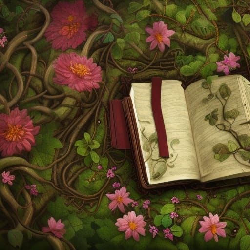 Detailed Old Journal in Overgrown Forest Art
