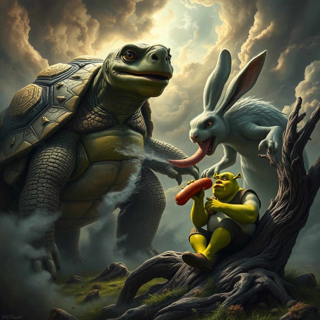 Turtle and Rabbit Battle as Shrek Eats Sausage