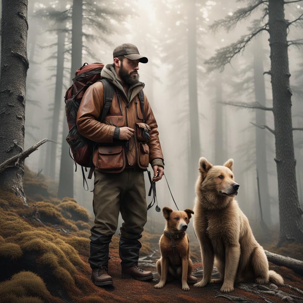 Hyperrealistic Mountain Man Bear Hybrid in Misty Forest