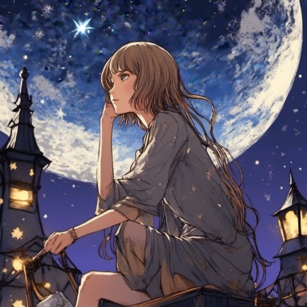 Anime Portrait of Woman Gazing at Stars