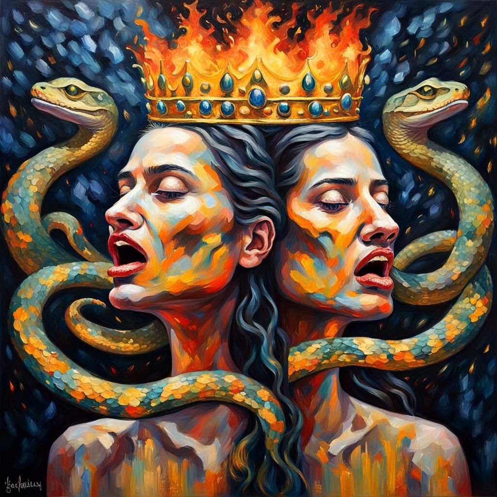 Two-Headed Snake Queen in Impasto Acrylic Style