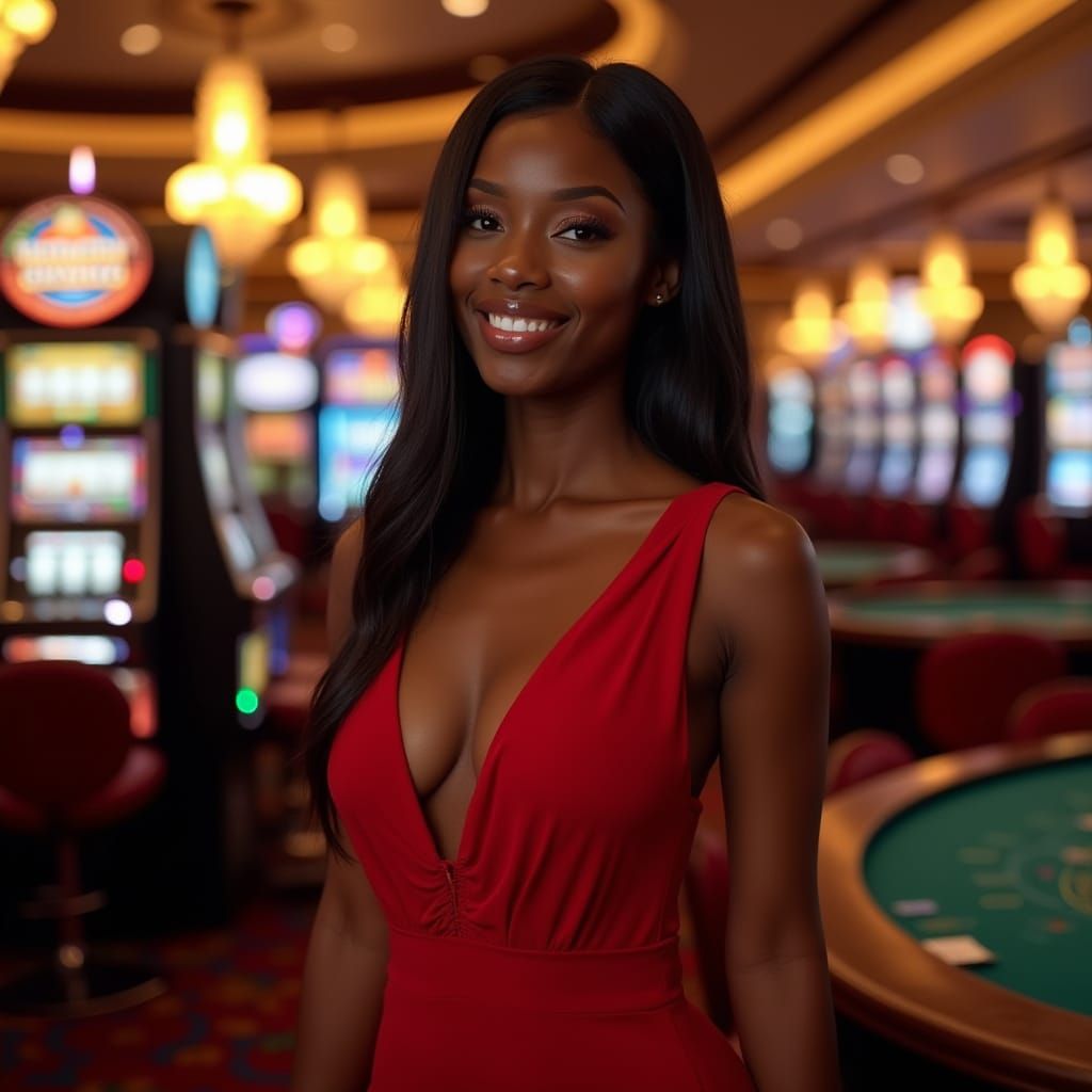 Elegant Woman in Red Dress Stands in Casino: Hyperrealistic ...