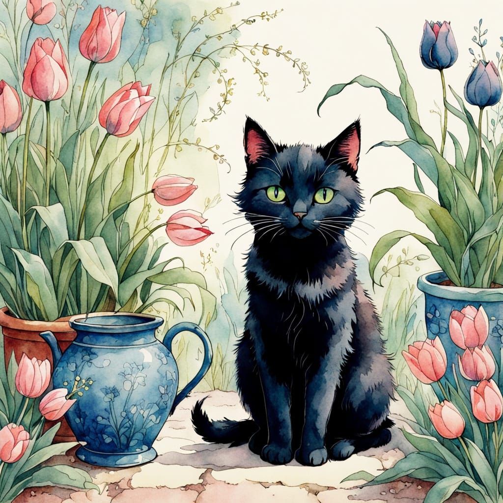 Enchanting Watercolor Scene of Cats and Flowers