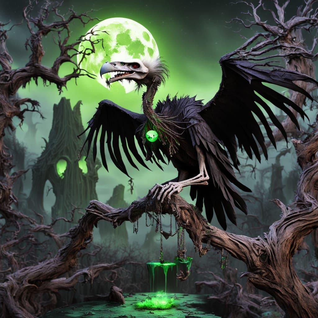 Skeletal Vulture With Glowing Orb on Carved Oak Tree