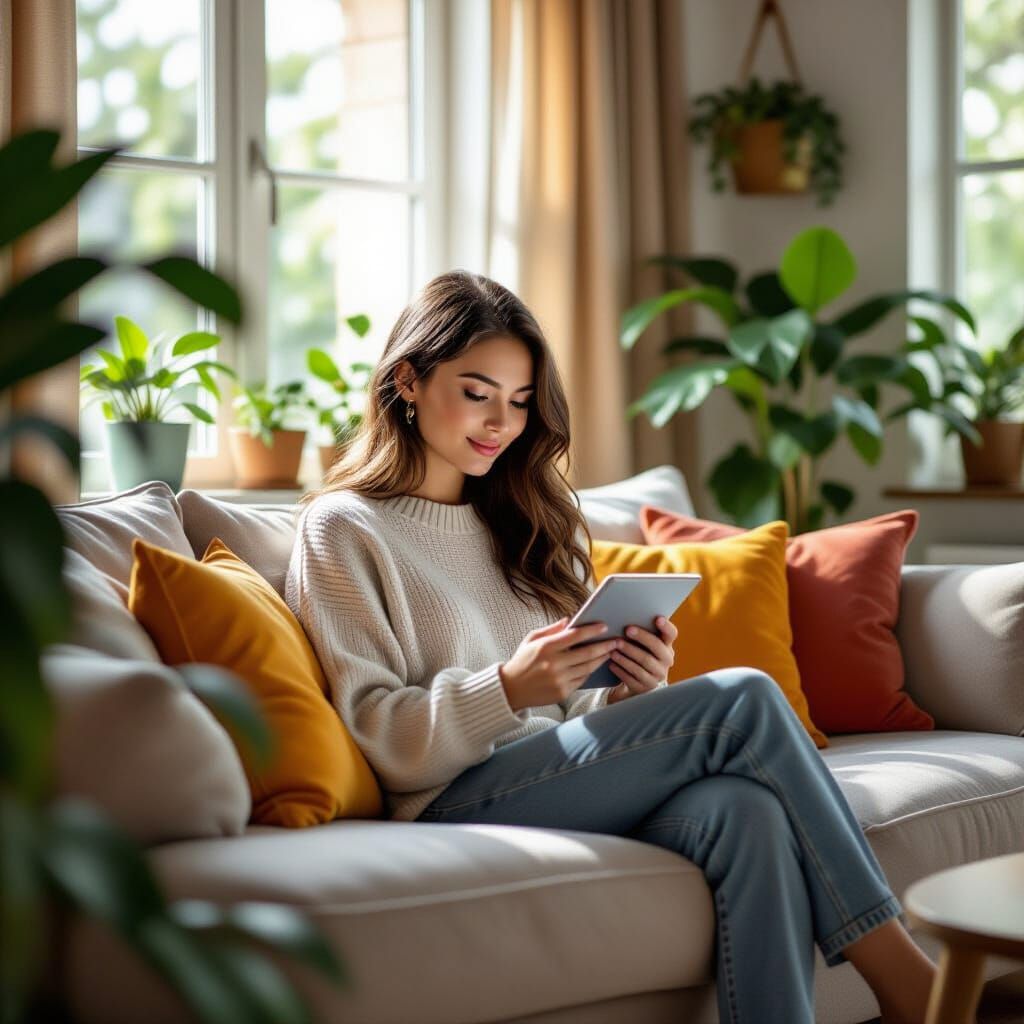 Woman Reading Tablet in Cozy Modern Home