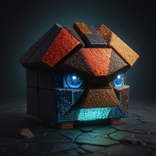 8-Bit Cube Creature in Hyperrealistic Digital Painting
