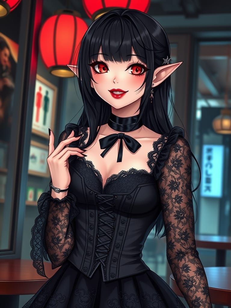 Gothic Vampire Girl in Cosplay Café