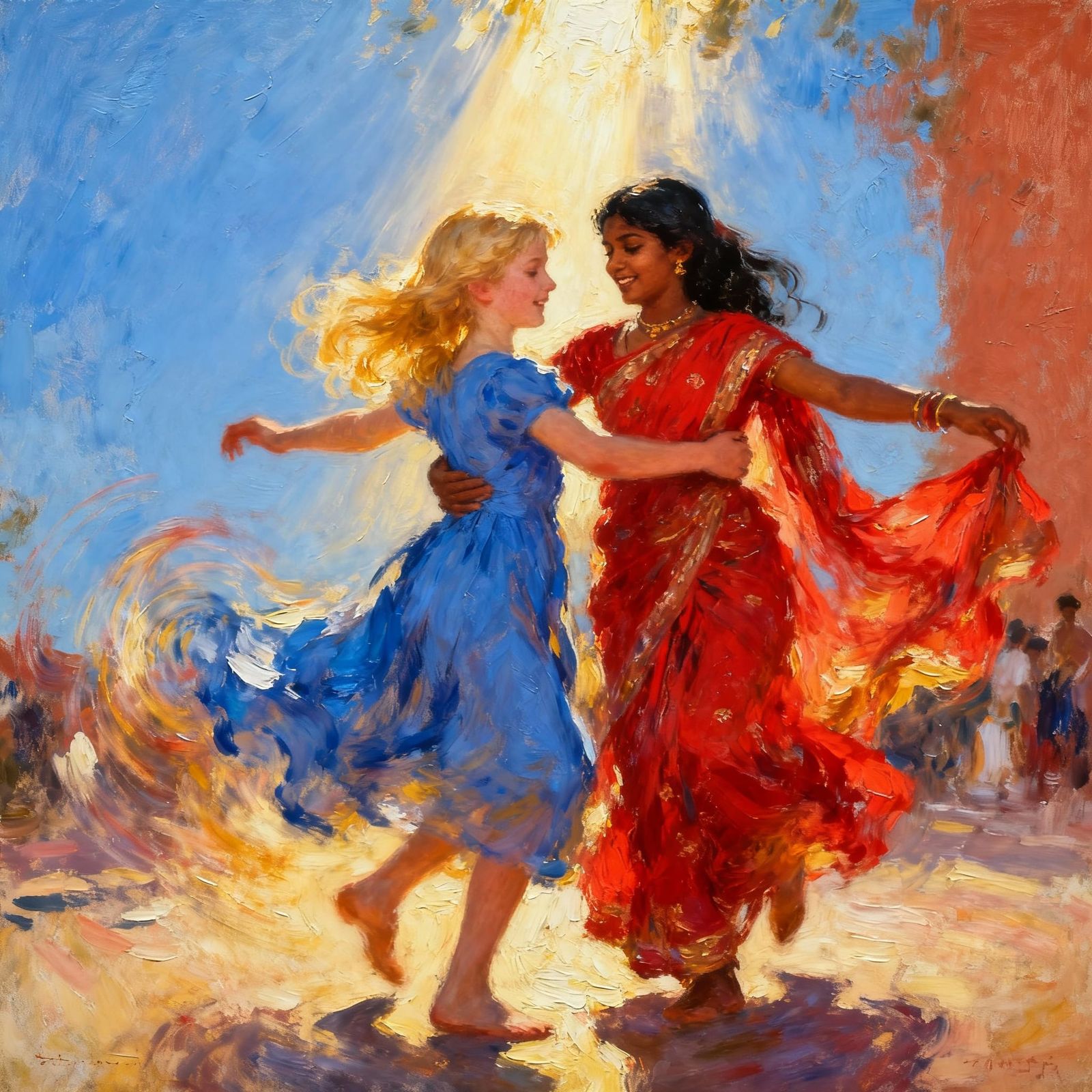 Joyful Dance of Two Girls in Ethereal Light