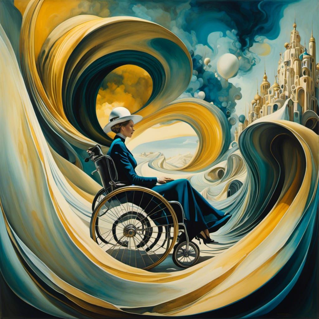 Surreal Woman in Wheelchair on Liquified City Street