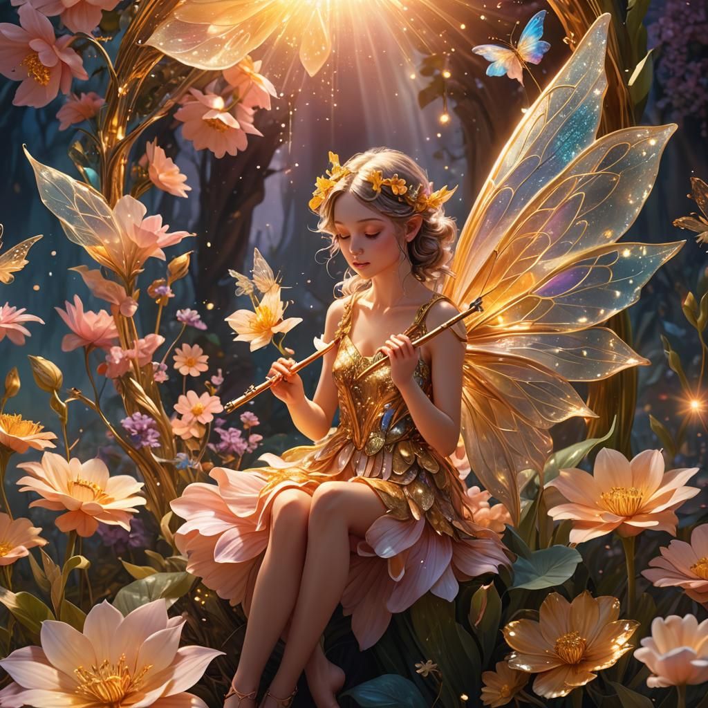 Fairy Flute Player in Flower, Digital Art