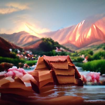 Gingerbread House by Chocolate River: Oil Painting