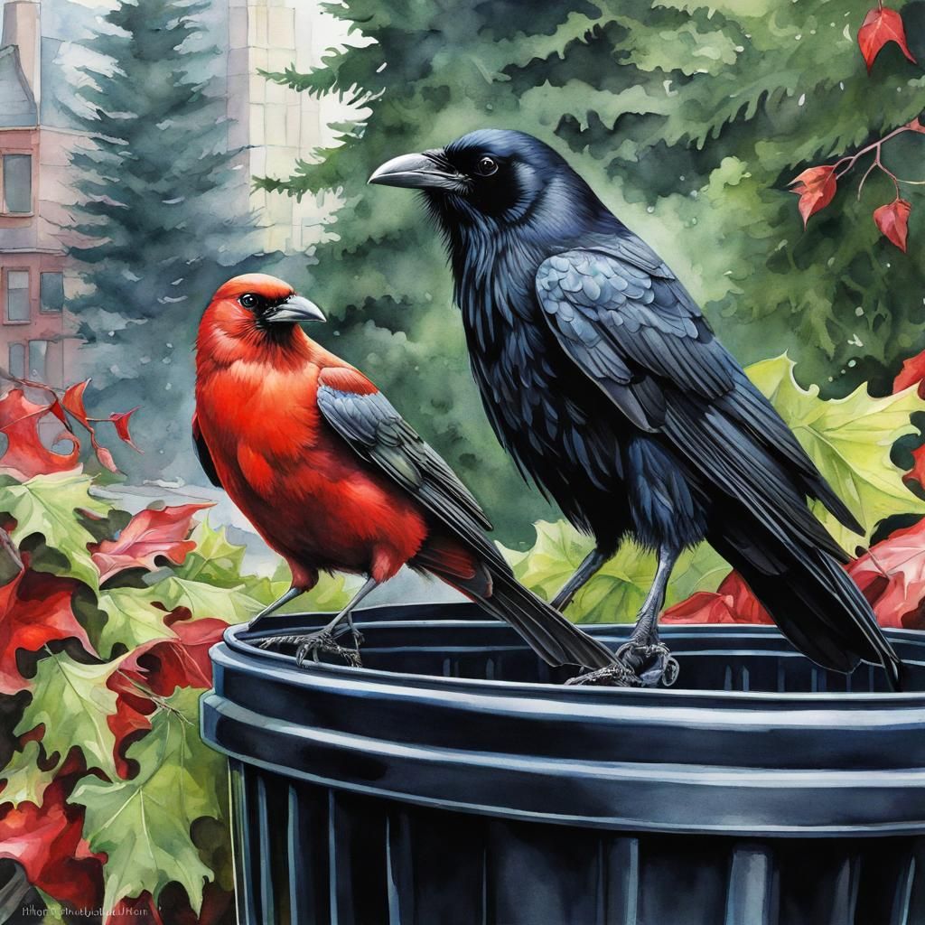 Red Robin and Black Raven Watercolor in Urban Park