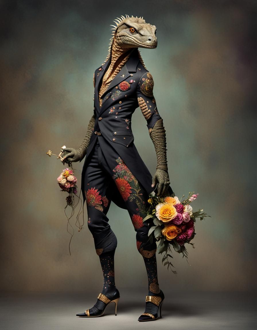 Fabric Goanna with Floral Tattoos and Gold