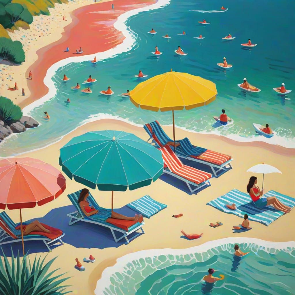 Vibrant Beach Scene in Whimsical Colors