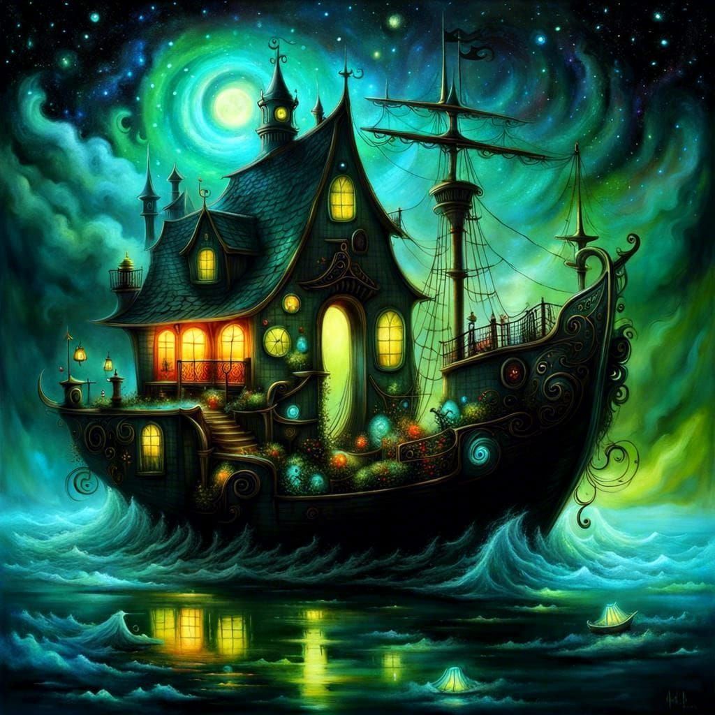 Bioluminescent Houseboat in Surrealist Style