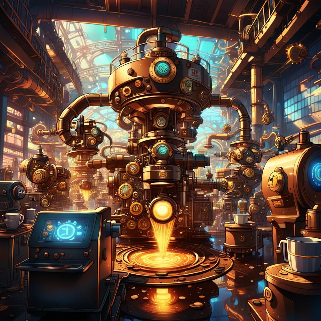 Vibrant Coffee Factory in Anime Style with Neon DMTR Logo