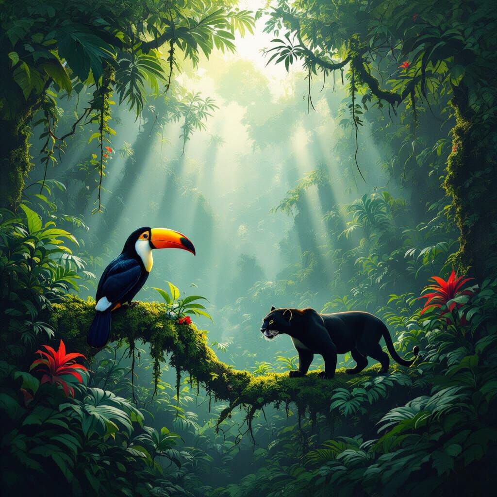Vibrant Jungle Scene with Exotic Wildlife and Dramatic Light...