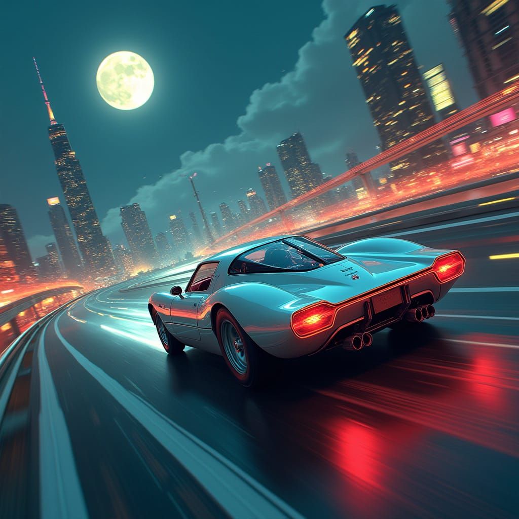 Futuristic Sports Car Speeds Down Moonlit Highway