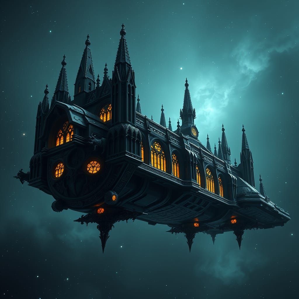 Gothic Spacecraft Drifts Through the Cosmos