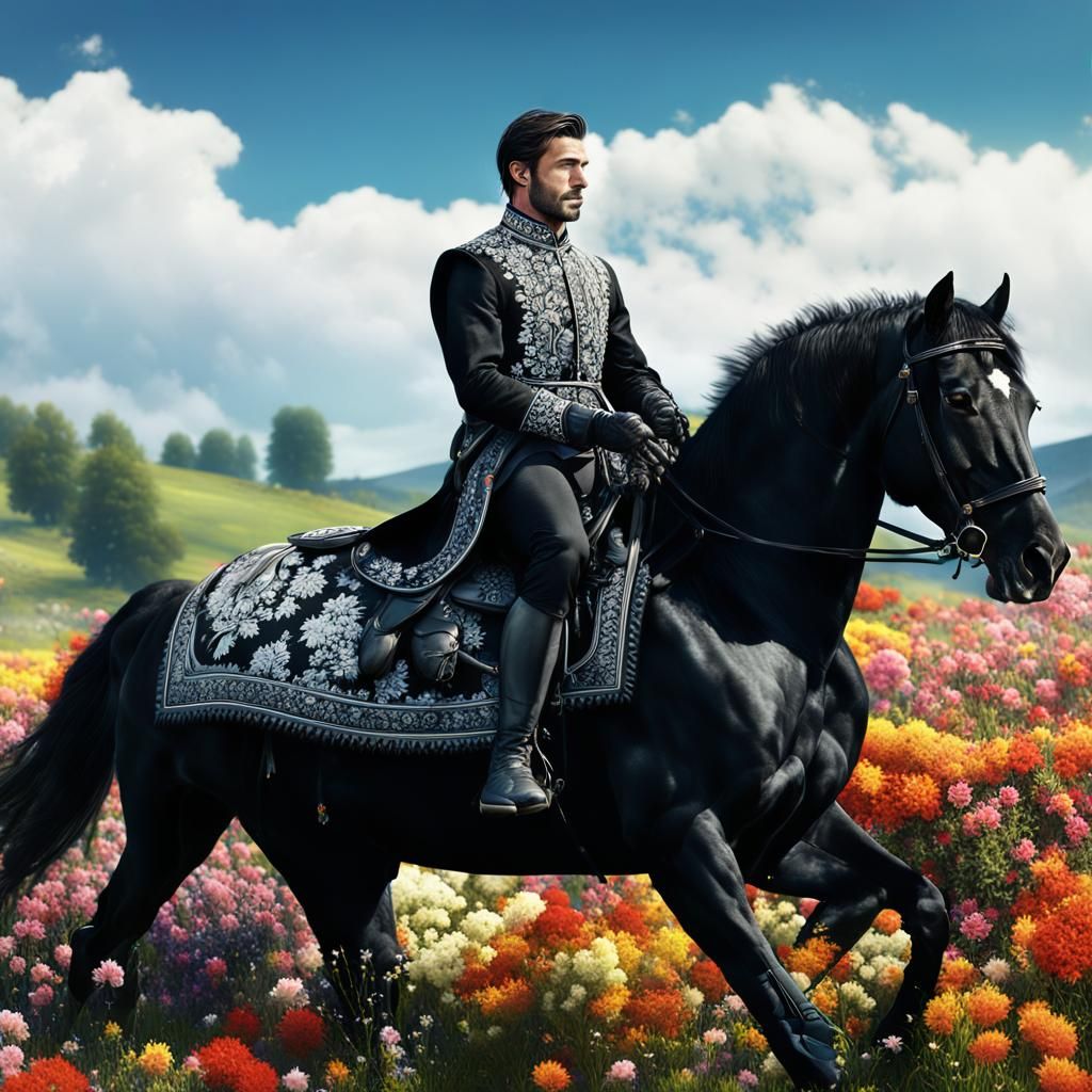 A young man riding a black horse