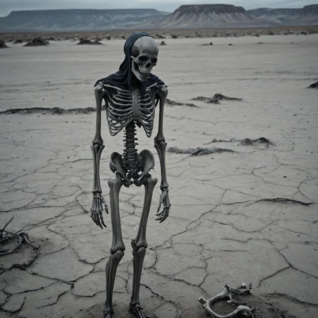 Dark Surrealism: Skeletal Figure in Barren Landscape