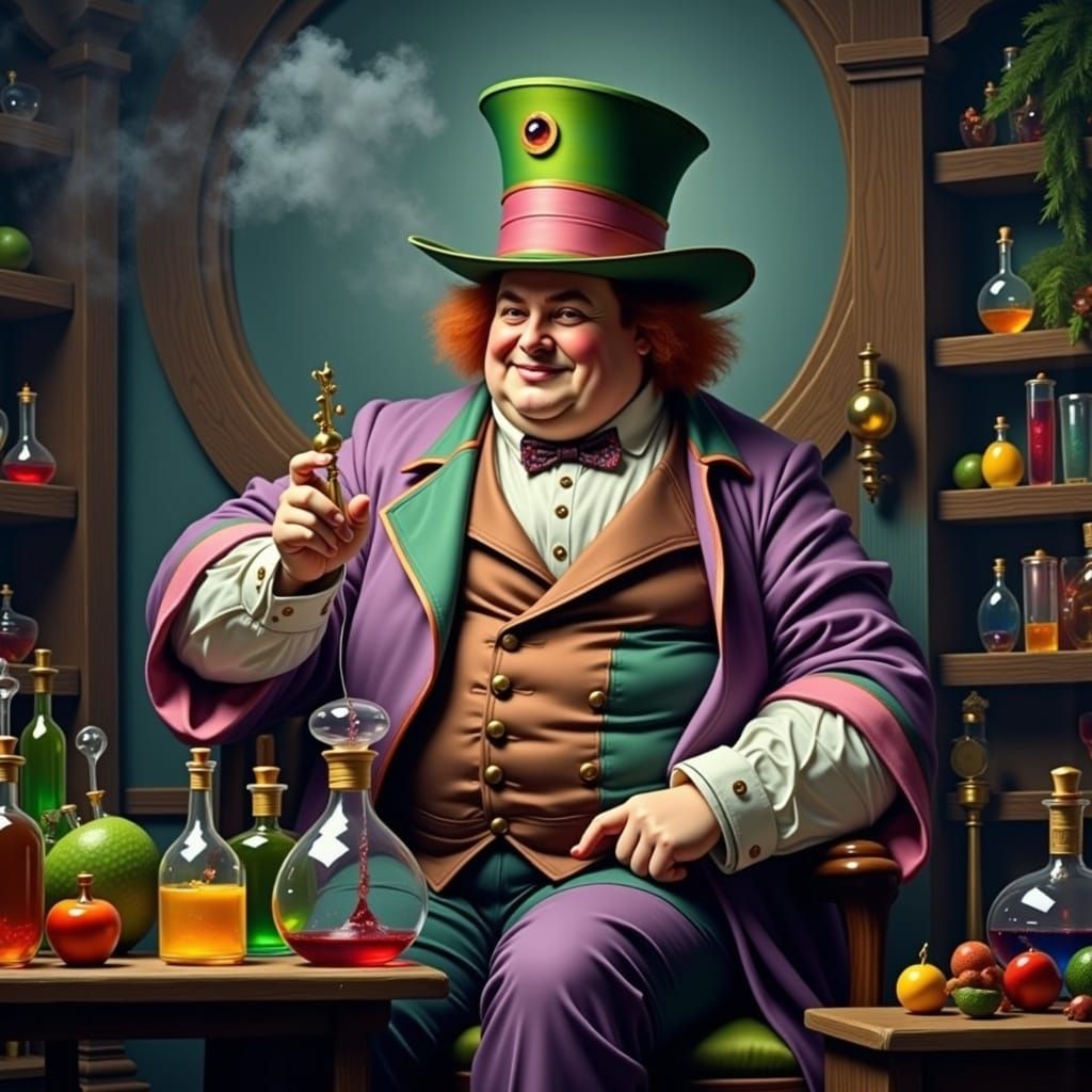 Mad Hatter Chemist Mixing Potions: Digital Art