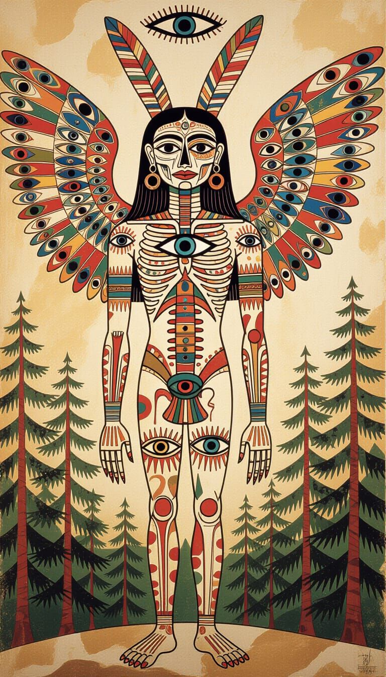 Stylized Cave Painting of a Winged, Multi-Eyed Figure