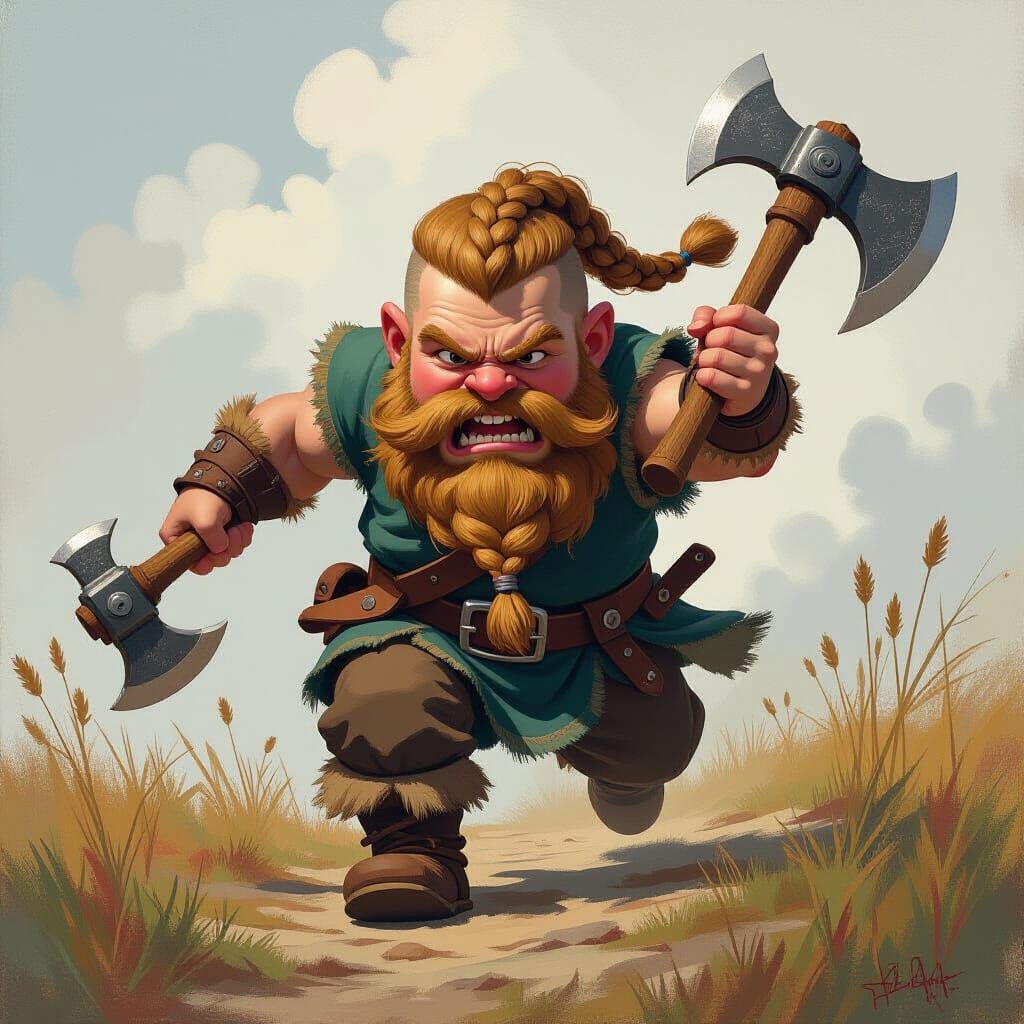 Fierce Young Viking Dwarf in Oil Painting Style