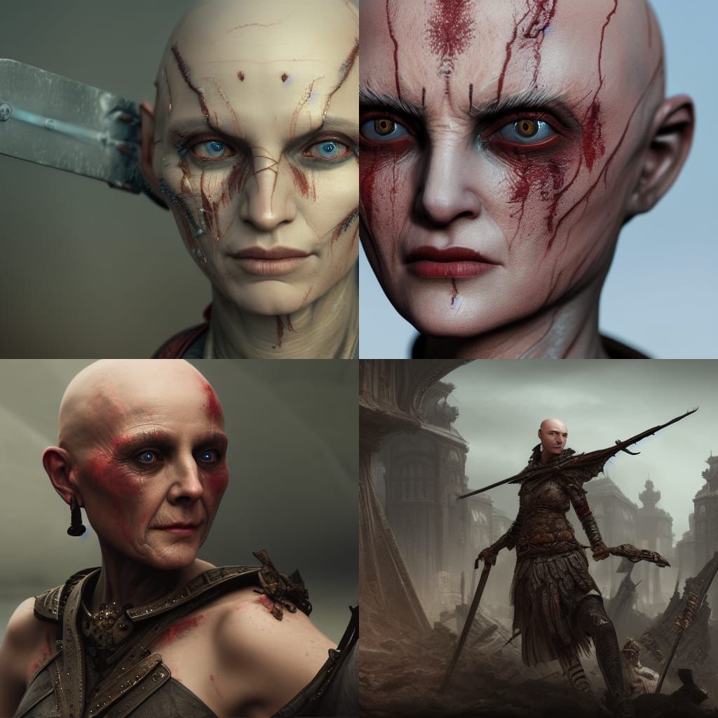 Scarred Bald Warrior Woman in Detailed Matte Painting