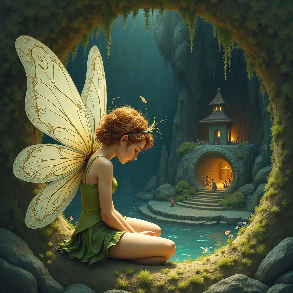 Fairy Observes Miniature Human City in Well
