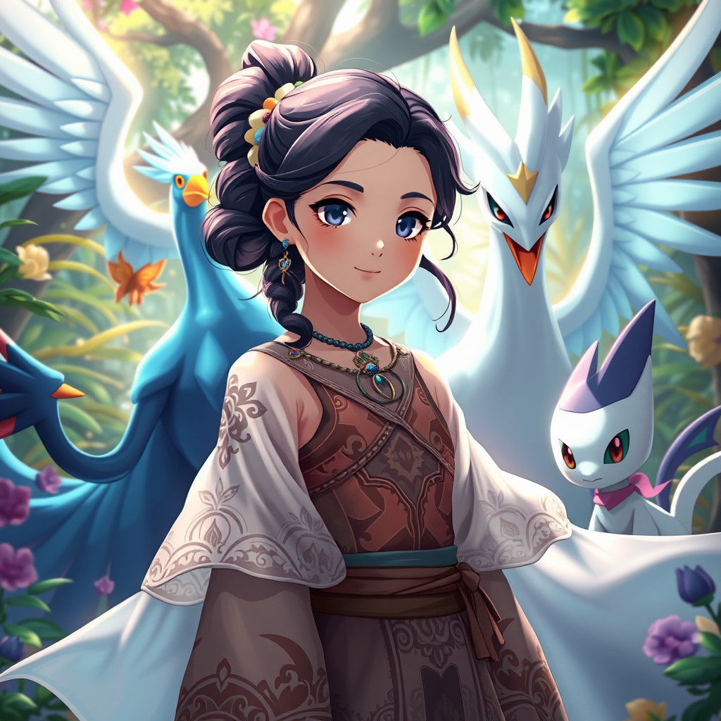 Girl Surrounded by Legendary Pokémon in Anime Style