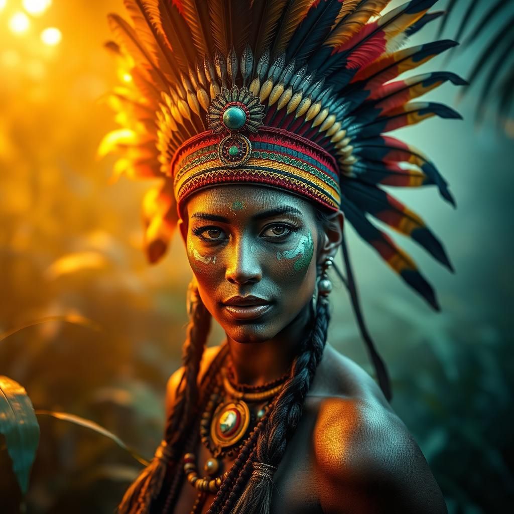 Native American Woman with Feather Headdress in Jungle